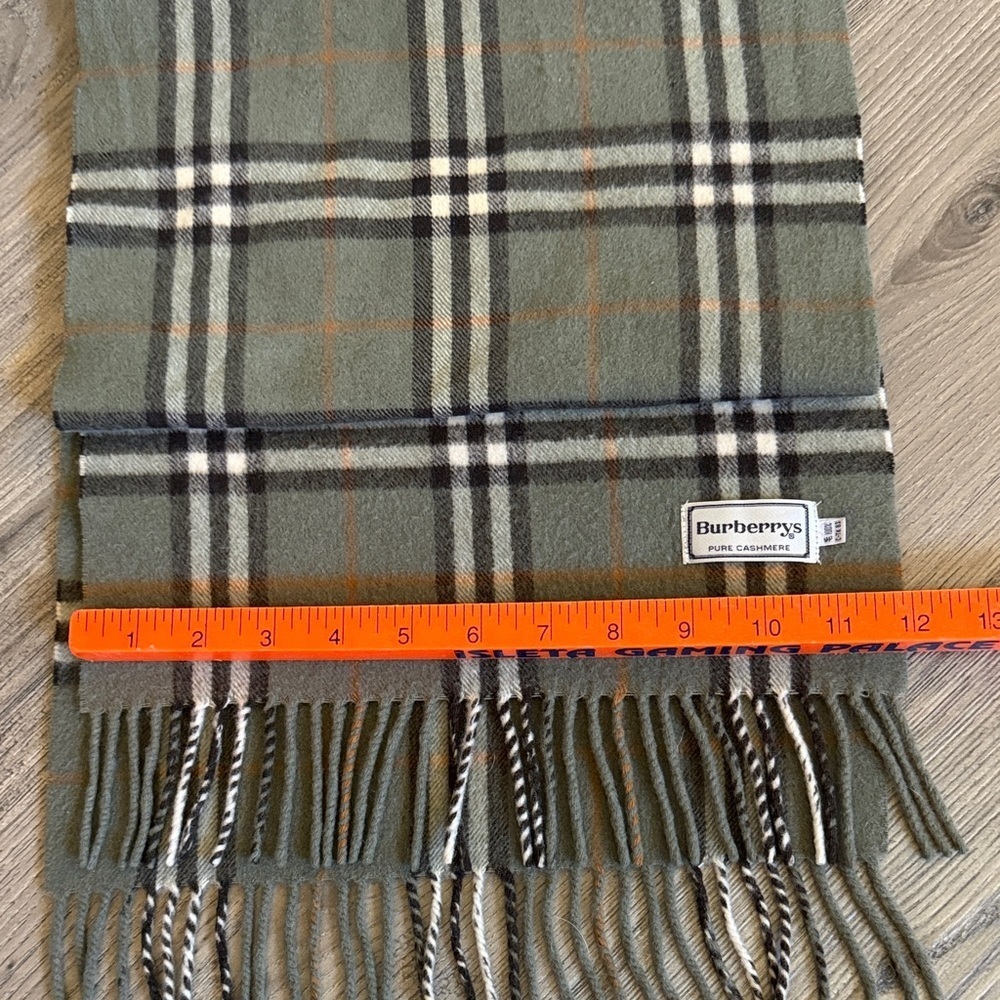 Vintage Burberrys light Olive and Orange Plaid Cashmere Scarf - Picture 6 of 10